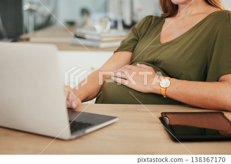 Laptop, hands or pregnant woman in office typing on social media, website or internet for research. Maternity, communication closeup or designer with pregnancy or networking technology in workplace Laptop, hands or pregnant woman in office typing on social media, website or internet for research. Maternity, communication closeup or designer with pregnancy or networking technology in workplace 138367170