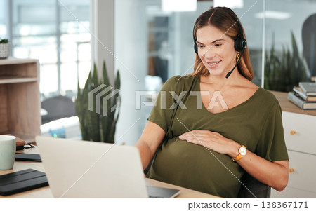 Computer, help and a pregnant woman in a call center for customer service or support with a headset. Tech, smile and pregnancy with a happy young business employee in the workplace as a mother 138367171