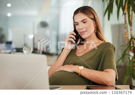 Phone call communication, office laptop and pregnant woman reading online feedback, project insight or report information. Smartphone, pregnancy and maternity person talking with investment contact 138367174