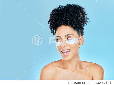 Face, woman and under eyes patch for skin hydration, beauty cosmetics or self care routine, treatment or wellness. Mockup skincare space, advertising studio and detox mask model on blue background Face, woman and under eyes patch for skin hydration, beauty cosmetics or self care routine, treatment or wellness. Mockup skincare space, advertising studio and detox mask model on blue background 138367181