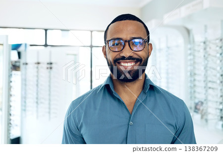 Glasses, optometrist smile and portrait black man for vision healthcare, product sales or ophthalmology service. Eyeglasses customer, store management or African optician happy for eye care support Glasses, optometrist smile and portrait black man for vision healthcare, product sales or ophthalmology service. Eyeglasses customer, store management or African optician happy for eye care support 138367209