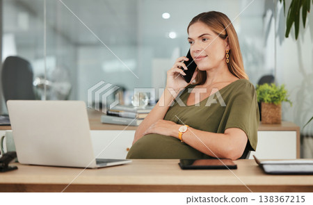 Phone call, office laptop and professional pregnant woman reading online research, project feedback or website data. Admin career, pregnancy consultation and maternity worker chat with contact 138367215