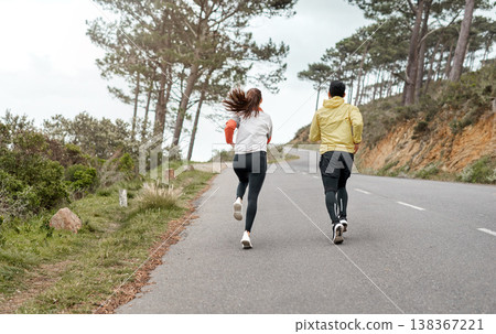 Running, back and health with couple in nature for workout partner, bonding and fitness. Exercise club, runner practice and wellness with man and woman outdoor for training and cardio challenge Running, back and health with couple in nature for workout partner, bonding and fitness. Exercise club, runner practice and wellness with man and woman outdoor for training and cardio challenge 138367221