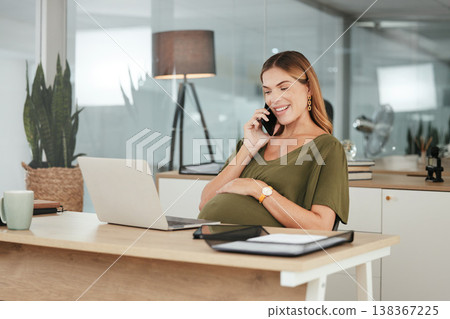 Cellphone call, laptop and professional pregnant woman, admin or receptionist reading office schedule, agenda or research. Administration job, pregnancy and maternity worker chat with phone contact 138367225
