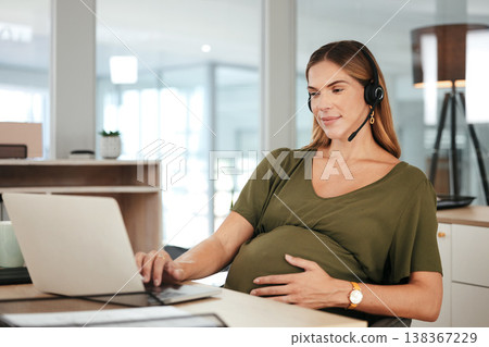 Pregnant, woman and work in call center, office and hands on stomach in telemarketing workplace. Consultant, pregnancy and working in company or planning maternity for health and wellness in business Pregnant, woman and work in call center, office and hands on stomach in telemarketing workplace. Consultant, pregnancy and working in company or planning maternity for health and wellness in business 138367229