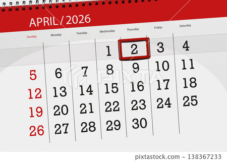 Calendar 2026, deadline, day, month, page, organizer, date, April, thursday, number 2 Calendar 2026, deadline, day, month, page, organizer, date, April, thursday, number 2 138367233