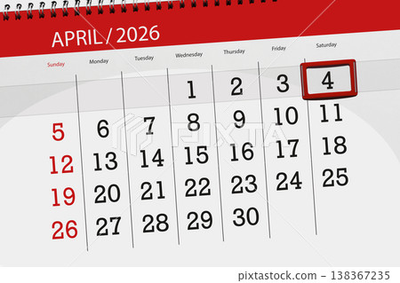 Calendar 2026, deadline, day, month, page, organizer, date, April, saturday, number 4 138367235