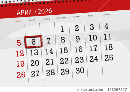 Calendar 2026, deadline, day, month, page, organizer, date, April, monday, number 6 Calendar 2026, deadline, day, month, page, organizer, date, April, monday, number 6 138367237
