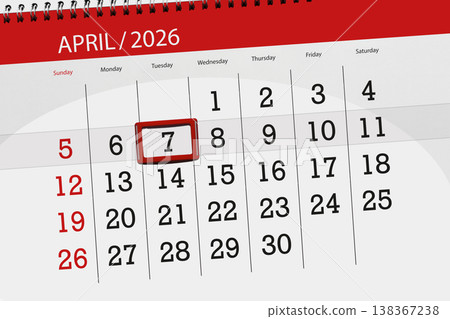 Calendar 2026, deadline, day, month, page, organizer, date, April, tuesday, number 7 Calendar 2026, deadline, day, month, page, organizer, date, April, tuesday, number 7 138367238