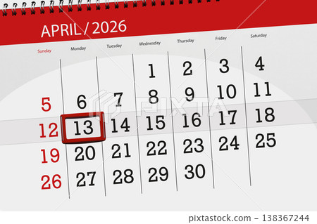 Calendar 2026, deadline, day, month, page, organizer, date, April, monday, number 13 138367244