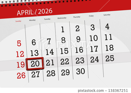 Calendar 2026, deadline, day, month, page, organizer, date, April, monday, number 20 Calendar 2026, deadline, day, month, page, organizer, date, April, monday, number 20 138367251
