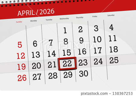 Calendar 2026, deadline, day, month, page, organizer, date, April, wednesday, number 22 Calendar 2026, deadline, day, month, page, organizer, date, April, wednesday, number 22 138367253
