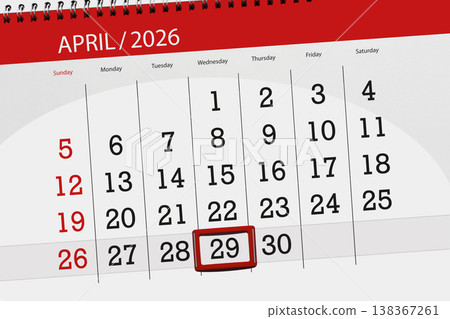 Calendar 2026, deadline, day, month, page, organizer, date, April, wednesday, number 29 Calendar 2026, deadline, day, month, page, organizer, date, April, wednesday, number 29 138367261