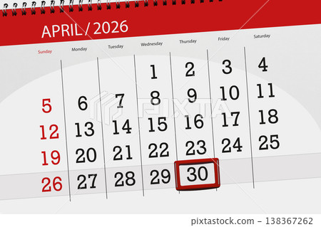 Calendar 2026, deadline, day, month, page, organizer, date, April, thursday, number 30 Calendar 2026, deadline, day, month, page, organizer, date, April, thursday, number 30 138367262