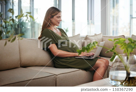 Laptop, remote work and pregnant woman on a sofa typing, search or reading at home. Pregnancy, freelance and female entrepreneur online in living room with social media, web or network communication Laptop, remote work and pregnant woman on a sofa typing, search or reading at home. Pregnancy, freelance and female entrepreneur online in living room with social media, web or network communication 138367290