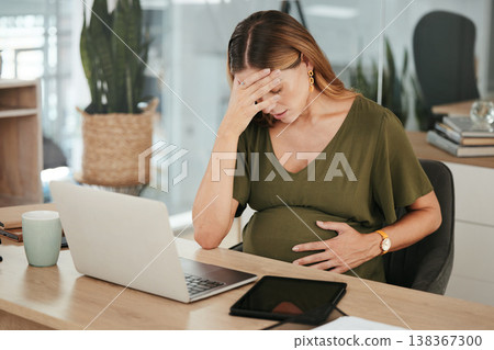 Woman, office and pregnant with stress, headache and laptop at work, burnout and workplace. Maternity, employee and pregnancy with hand on stomach, pain and tired for baby, working and healthcare Woman, office and pregnant with stress, headache and laptop at work, burnout and workplace. Maternity, employee and pregnancy with hand on stomach, pain and tired for baby, working and healthcare 138367300