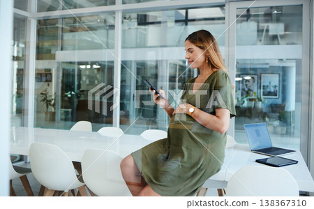 Phone, relax or pregnant business woman in office on social media, website or internet to search. Maternity, technology or female designer with pregnancy or mobile app to scroll in workplace on break 138367310