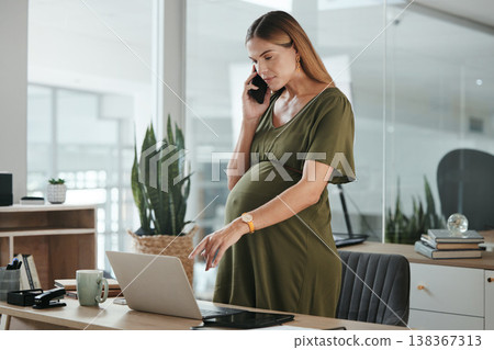 Smartphone call, laptop and professional pregnant woman, admin or receptionist consulting on office schedule. Secretary, pregnancy web calendar and maternity employee speaking with cellphone contact 138367313