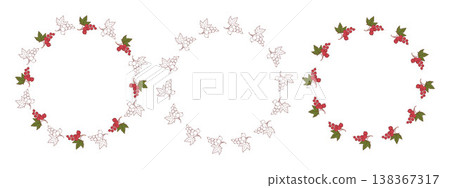 Redcurrant Round Wreaths Set. Botanical Circle Frame with Currant Red Berry in Color and Line Art with Empty Copy Space. Isolated Vector illustration Redcurrant Round Wreaths Set. Botanical Circle Frame with Currant Red Berry in Color and Line Art with Empty Copy Space. Isolated Vector illustration 138367317
