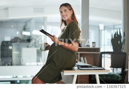 Portrait, tablet and career with a pregnant woman in her office at the start of her maternity leave from work. Business, tech and pregnancy with a happy young employee in the workplace for motherhood Portrait, tablet and career with a pregnant woman in her office at the start of her maternity leave from work. Business, tech and pregnancy with a happy young employee in the workplace for motherhood 138367325