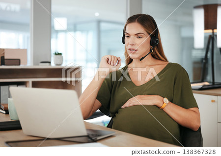 Pregnant, woman and working in call center, office or hand on stomach in telecom workplace. Consultant, pregnancy and talking in company and planning maternity for health and wellness in business 138367328
