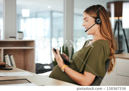 Tablet, smile and a pregnant woman in a call center for customer support or service with a headset. Tech, help and pregnancy with happy young business consultant in workplace for crm communication 138367336