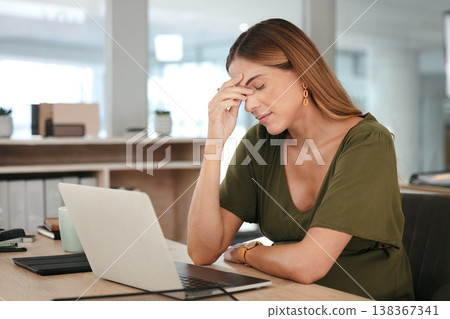 Business, woman and headache in office with burnout, tired and relax with eyes closed at desk or table. Person, professional and hand on face for risk, anxiety or stress at corporate company or job 138367341