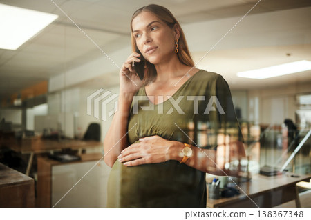 Cellphone call, communication and professional pregnant woman consulting on development plan. Office glass window, pregnancy and maternity person networking, chat and contact mobile smartphone user 138367348