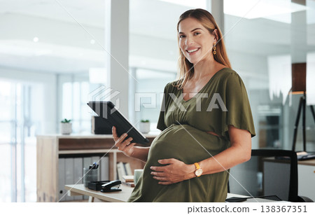 Portrait, tablet and business with a pregnant woman in her office at the start of her maternity leave from work. Company, smile and pregnancy with a happy young employee planning in the workplace Portrait, tablet and business with a pregnant woman in her office at the start of her maternity leave from work. Company, smile and pregnancy with a happy young employee planning in the workplace 138367351