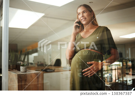 Phone call, conversation and pregnant business woman consulting, talking and speaking about company project. Glass window, pregnancy and maternity person networking, chat and contact cellphone user 138367387