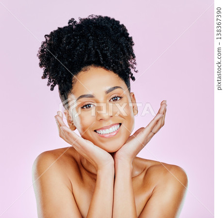Portrait, happy and woman in studio for natural beauty, wellness or cosmetic treatment on pink background. Smile, skincare and hands on face of lady model with dermatology result satisfaction or glow Portrait, happy and woman in studio for natural beauty, wellness or cosmetic treatment on pink background. Smile, skincare and hands on face of lady model with dermatology result satisfaction or glow 138367390