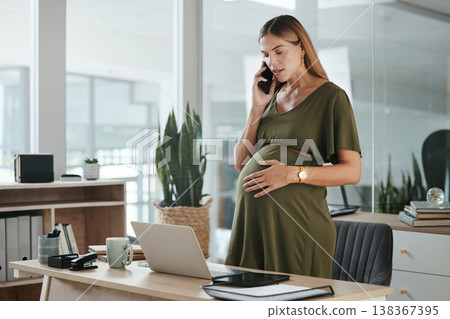 Smartphone call, talking and professional pregnant woman, admin or receptionist consulting on baby development. Business secretary, pregnancy and maternity employee speaking with cellphone contact 138367395
