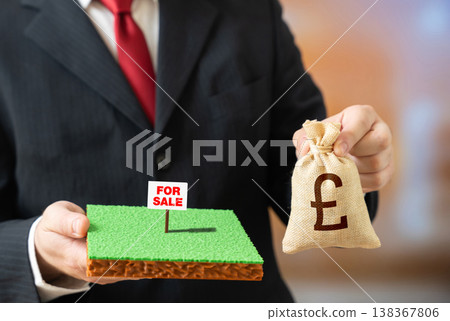 A plot of land for sale with a British pound and money bag shows investment opportunity. Property transactions drive agricultural expansion. Land acquisition supports economic growth and development A plot of land for sale with a British pound and money bag shows investment opportunity. Property transactions drive agricultural expansion. Land acquisition supports economic growth and development 138367806