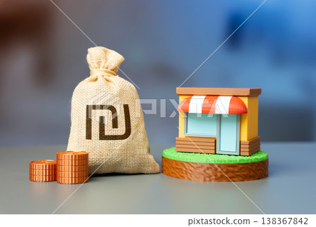 A store and a shekel money bag represent business income and profit. Retail investments and funding. Grants, subsidies, and financial support help small businesses grow and succeed A store and a shekel money bag represent business income and profit. Retail investments and funding. Grants, subsidies, and financial support help small businesses grow and succeed 138367842