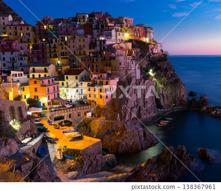 View on night light of Manarola in the province of La Spezia in Italy 138367961