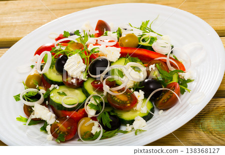 Shopska salad is tasty dish of Bulgarian cuisine Shopska salad is tasty dish of Bulgarian cuisine 138368127
