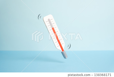 Thermometer on a blue background reflects temperature and health. Weather and climate influence conditions. Data trends, environmental factors, and investment signals 138368171