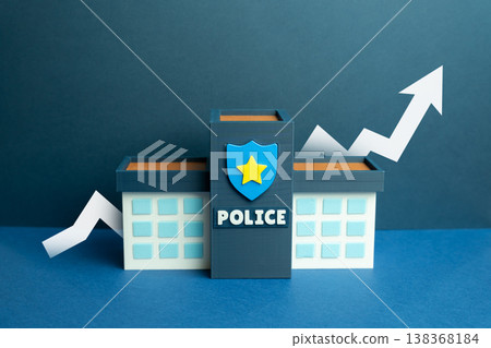 Police station with a growth arrow indicates strengthening law enforcement. Increased crime detection improves urban safety. Investment in security systems enhances public trust and city protection Police station with a growth arrow indicates strengthening law enforcement. Increased crime detection improves urban safety. Investment in security systems enhances public trust and city protection 138368184