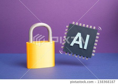 Artificial intelligence with a microchip and padlock represents data security. Technology integrity and protection. AI regulation, privacy, cybersecurity ensure reliability. Trust in digital systems Artificial intelligence with a microchip and padlock represents data security. Technology integrity and protection. AI regulation, privacy, cybersecurity ensure reliability. Trust in digital systems 138368187