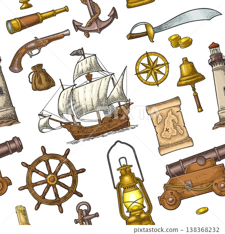 Seamless pattern engraving caravel, anchor, wheel, compass rose, spyglass, bell, lifebuoy, wheel Seamless pattern engraving caravel, anchor, wheel, compass rose, spyglass, bell, lifebuoy, wheel 138368232