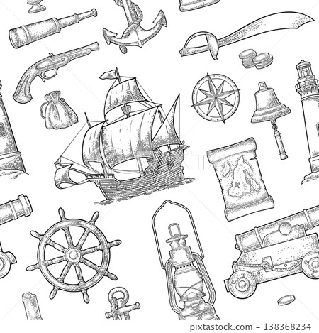Seamless pattern engraving caravel, anchor, wheel, compass rose, spyglass, bell, lifebuoy, wheel Seamless pattern engraving caravel, anchor, wheel, compass rose, spyglass, bell, lifebuoy, wheel 138368234