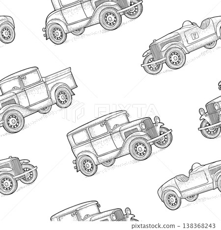 Retro car sedan, coupe, roadster, pickup truck. Vintage engraving seamless pattern Retro car sedan, coupe, roadster, pickup truck. Vintage engraving seamless pattern 138368243