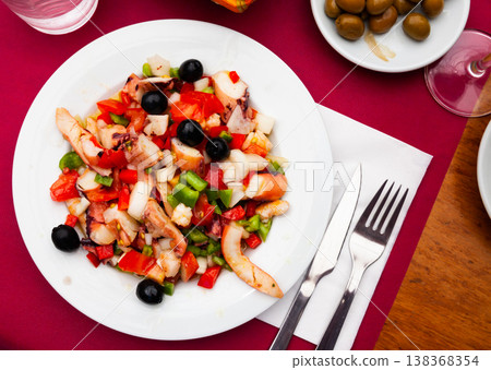 Salpicon de Marisco, cold salad from seafood with vegetables Salpicon de Marisco, cold salad from seafood with vegetables 138368354