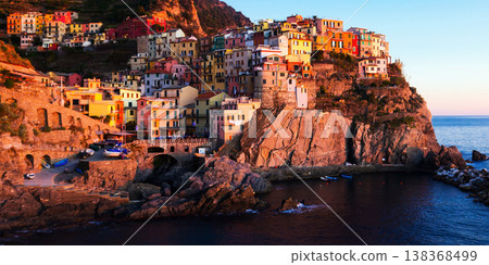 Manarola city La Spezia at dusk on top of the hill, Italy Manarola city La Spezia at dusk on top of the hill, Italy 138368499