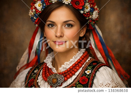 Close-Up Portrait of Woman in Traditional Polish Krakow Folk Costume with Embroidered Vest 138368638