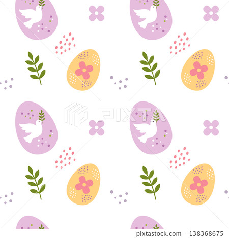 Easter seamless pattern with peace dove and decorated eggs on white background 138368675