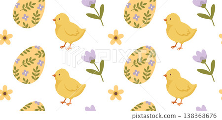 Cute Easter pattern with yellow chicks and floral eggs on white background Cute Easter pattern with yellow chicks and floral eggs on white background 138368676