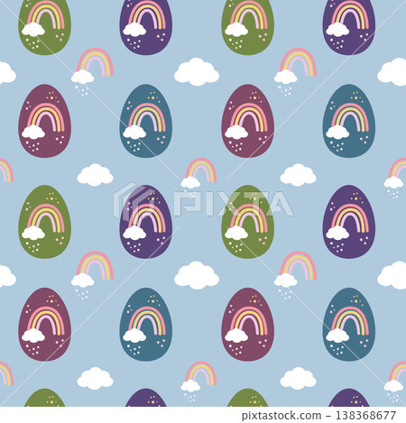 Seamless pattern with rainbow Easter eggs and clouds on blue background Seamless pattern with rainbow Easter eggs and clouds on blue background 138368677