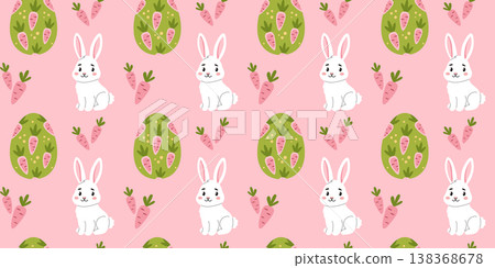 Easter seamless pattern with white rabbits and decorated eggs on pink background Easter seamless pattern with white rabbits and decorated eggs on pink background 138368678