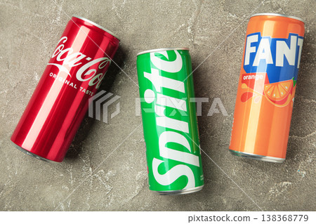 Mykolaiv, Ukraine - March 25, 2026 - Can of Coca-cola , Fanta and Sprite on grey background. 138368779